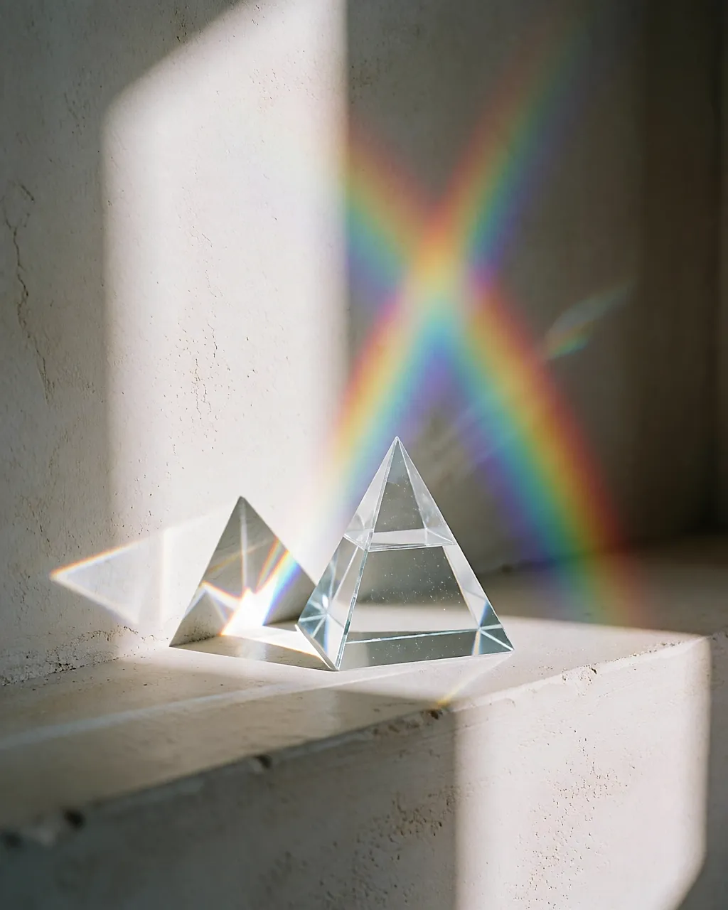 Glass prism splitting daylight into a rainbow on a pale wall