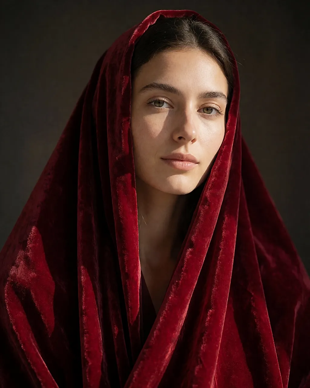 Crumpled deep red velvet fabric in folds, lit at an angle to reveal its texture