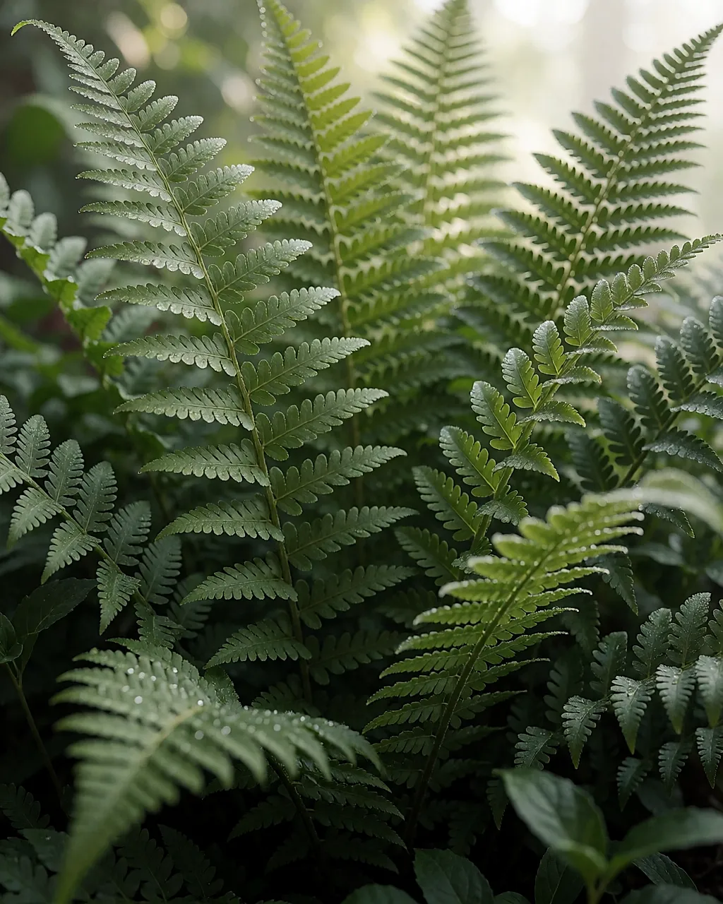 Green leaves and ferns covered in dew in soft morning light