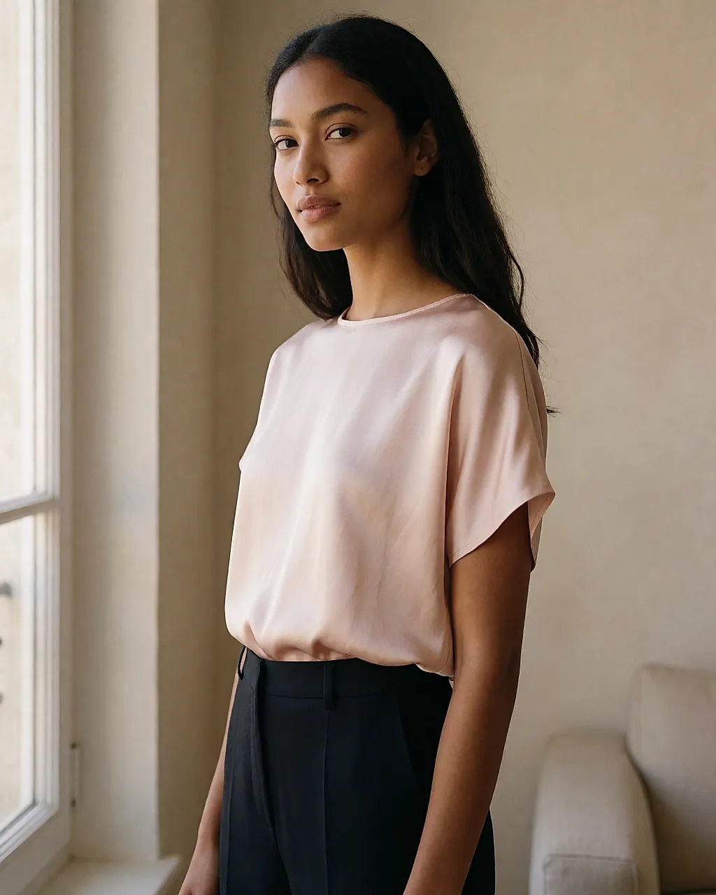 Um top de seda rosa-pó vestido, enfiado numas calças escuras