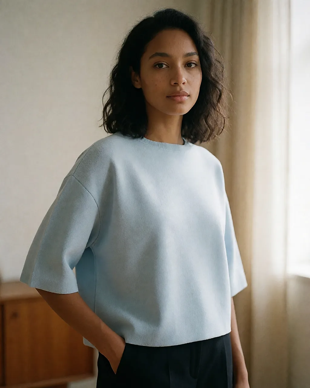 Um top de malha fina pastel vestido, com a mão no bolso