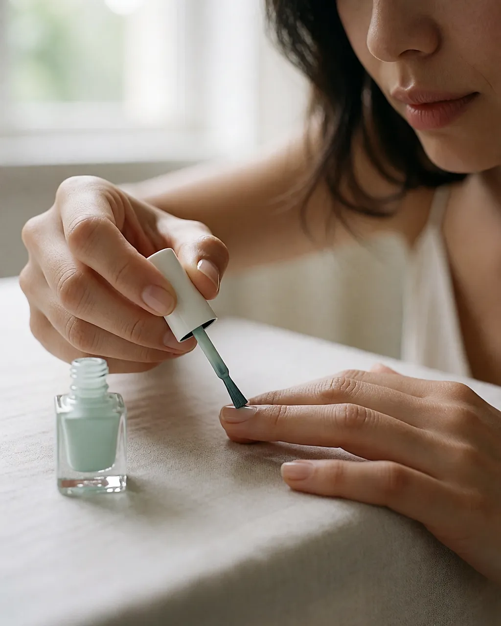 Um pincel aplica uma camada fina de verniz verde-amêndoa numa unha