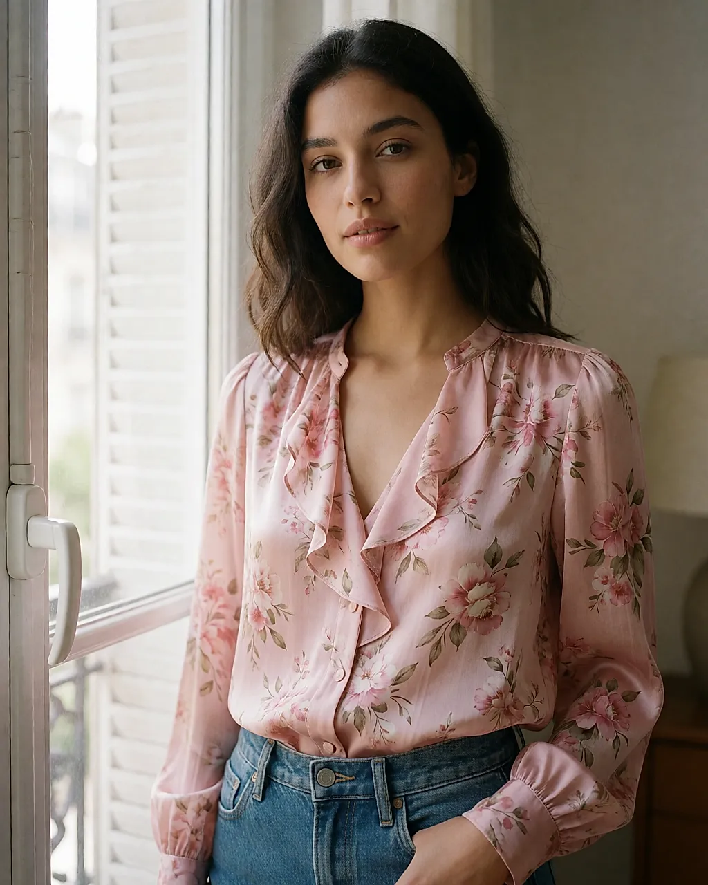 Uma blusa de seda rosa-pó com folho e estampado desbotado, vestida