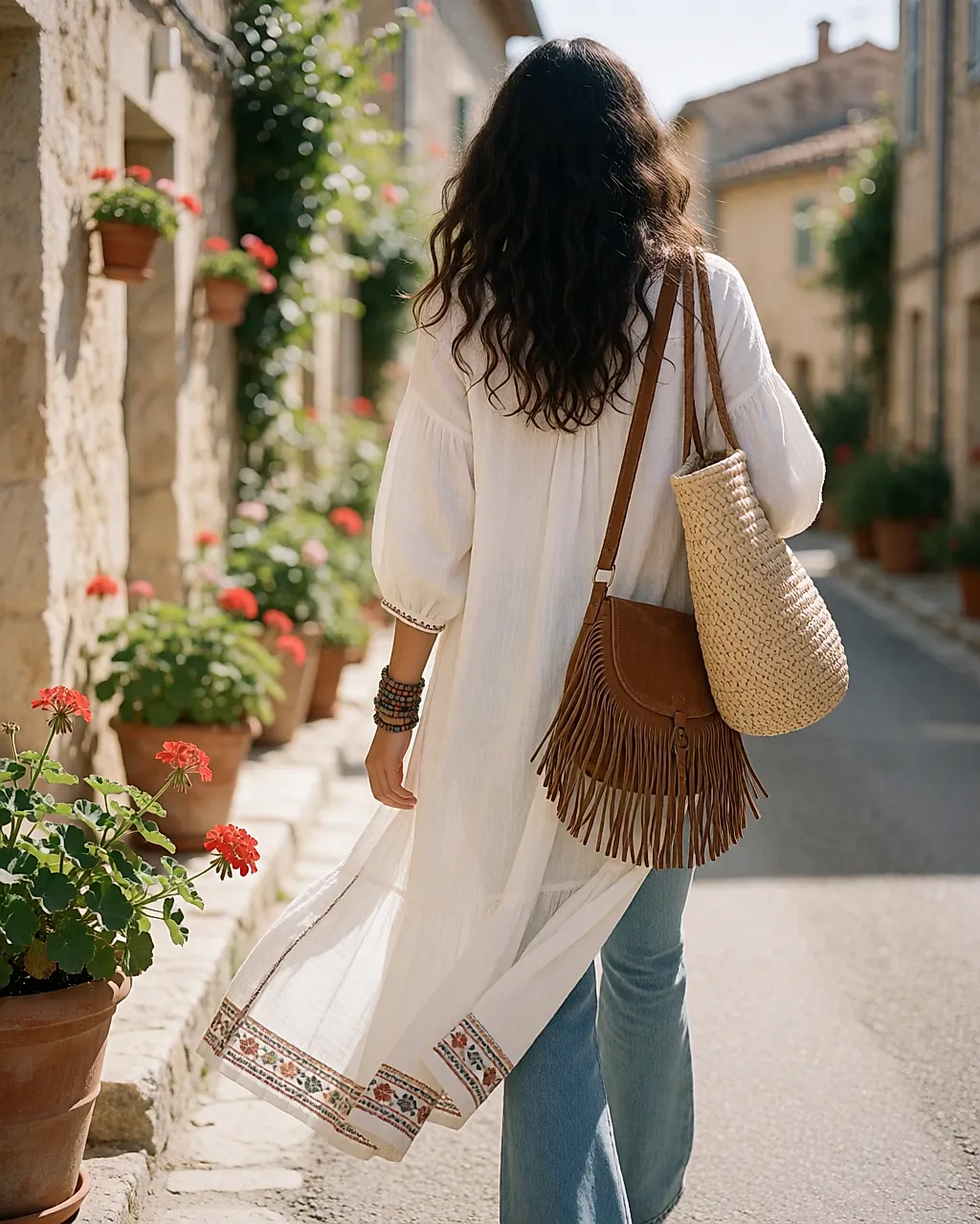Silhouette de dos en tunique en coton brodé et jean flare, sac en raphia à l'épaule