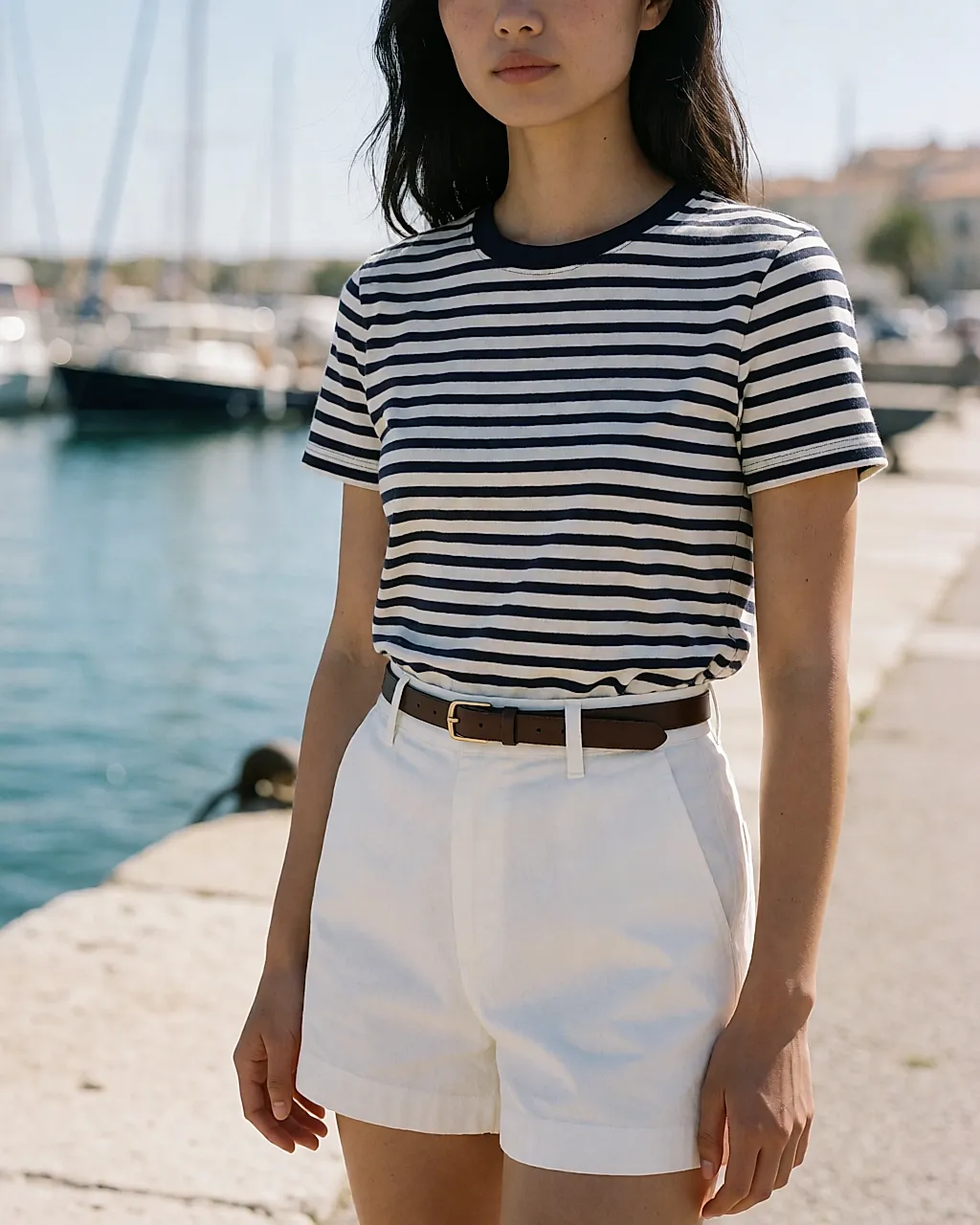 Top marin à rayures bleu et blanc porté avec un short blanc uni
