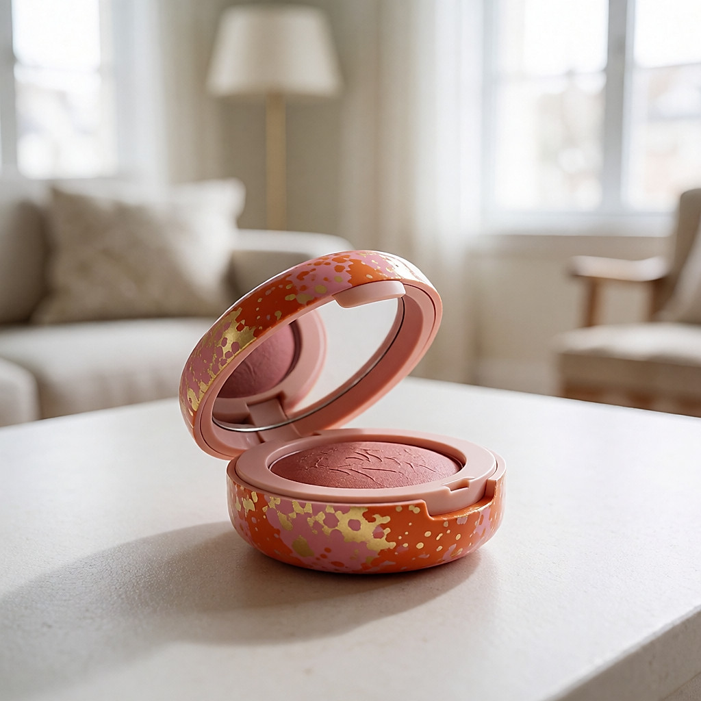 Écrin de poudre blush ouvert, motif orange et rose moucheté d'or