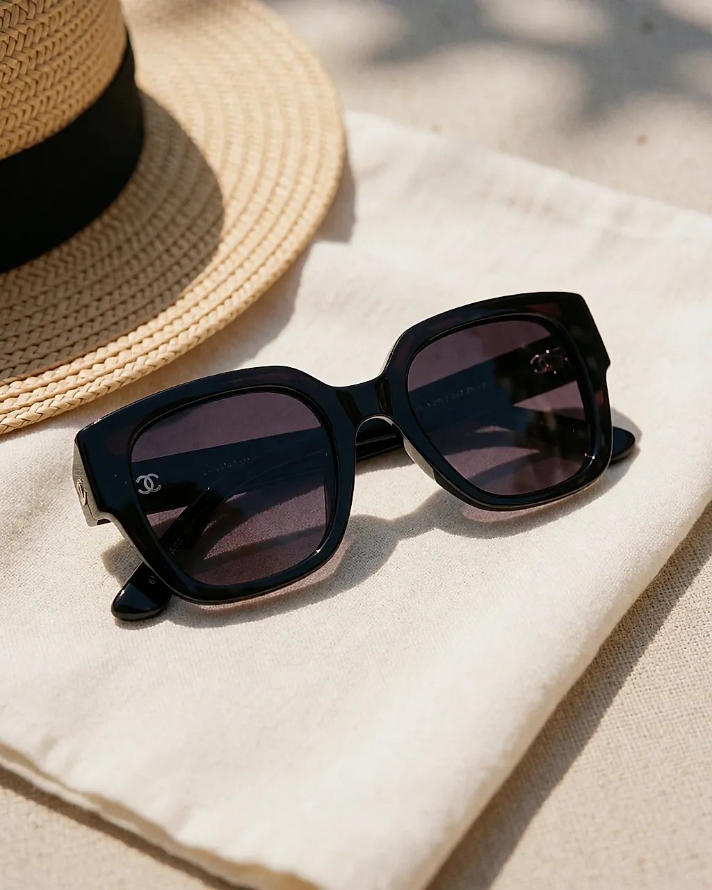 Lunettes de soleil oversize à monture noire posées sur un lin crème