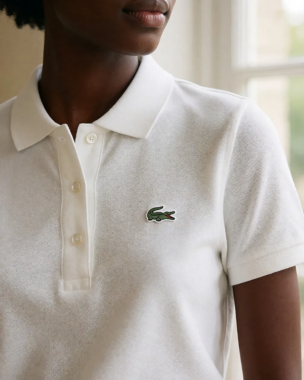 Detail of the ribbed collar, mother-of-pearl buttons and knit of a white polo being worn