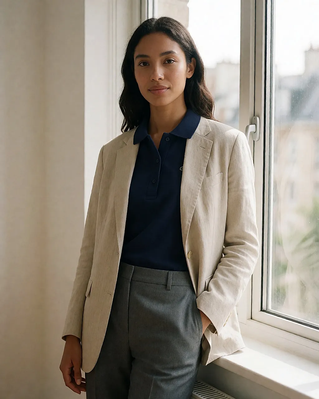 Young woman in a navy polo tucked under a beige blazer, standing by a window