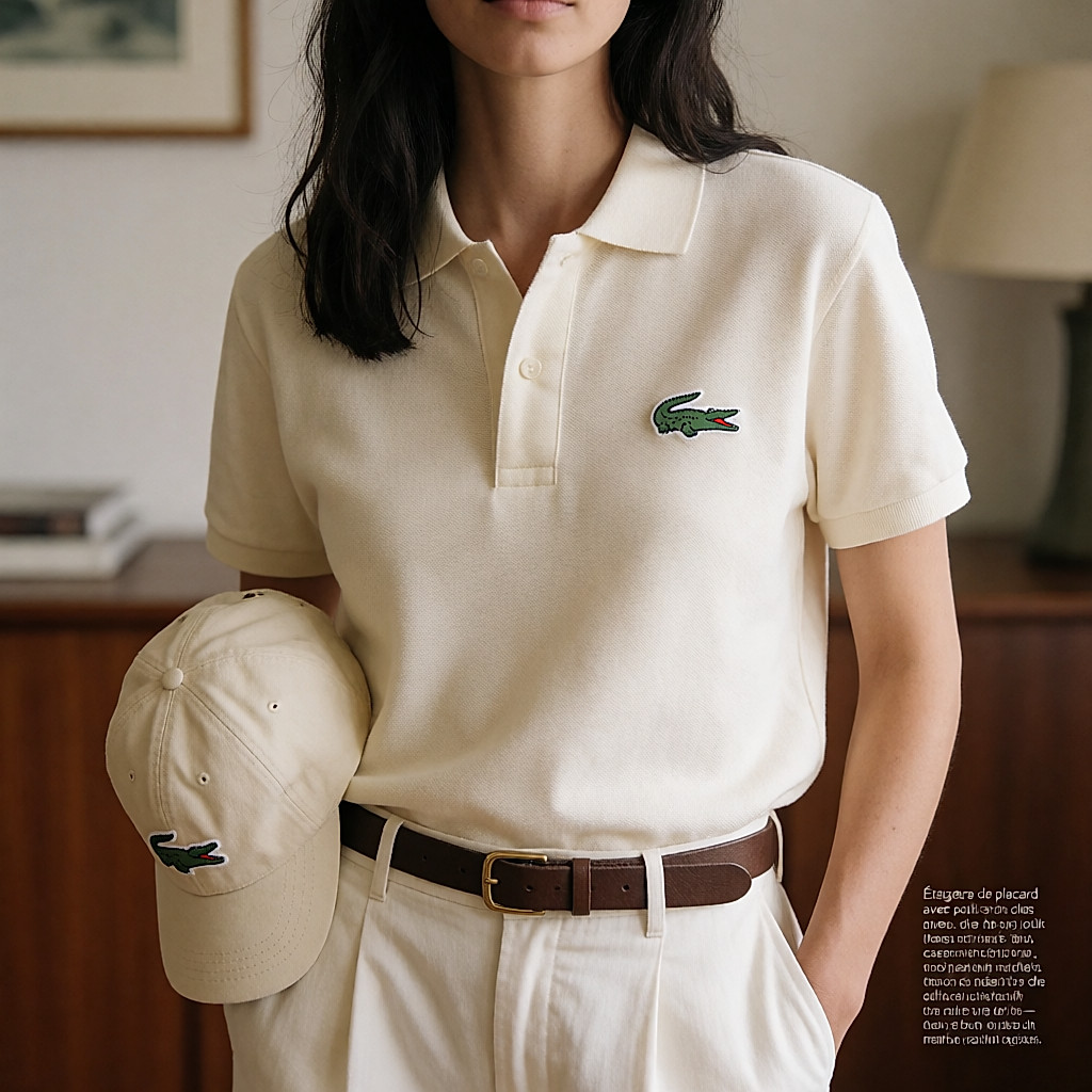 Wardrobe shelf with folded polos, a cap and a visible embroidered green crocodile