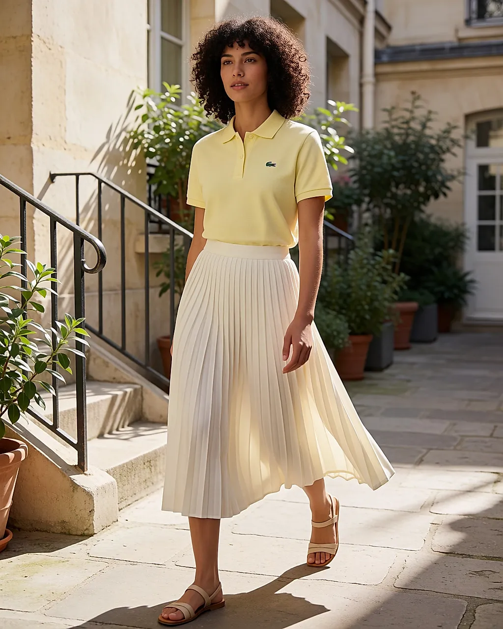 Young woman in a pale yellow polo and ecru pleated skirt, walking in a sunny courtyard