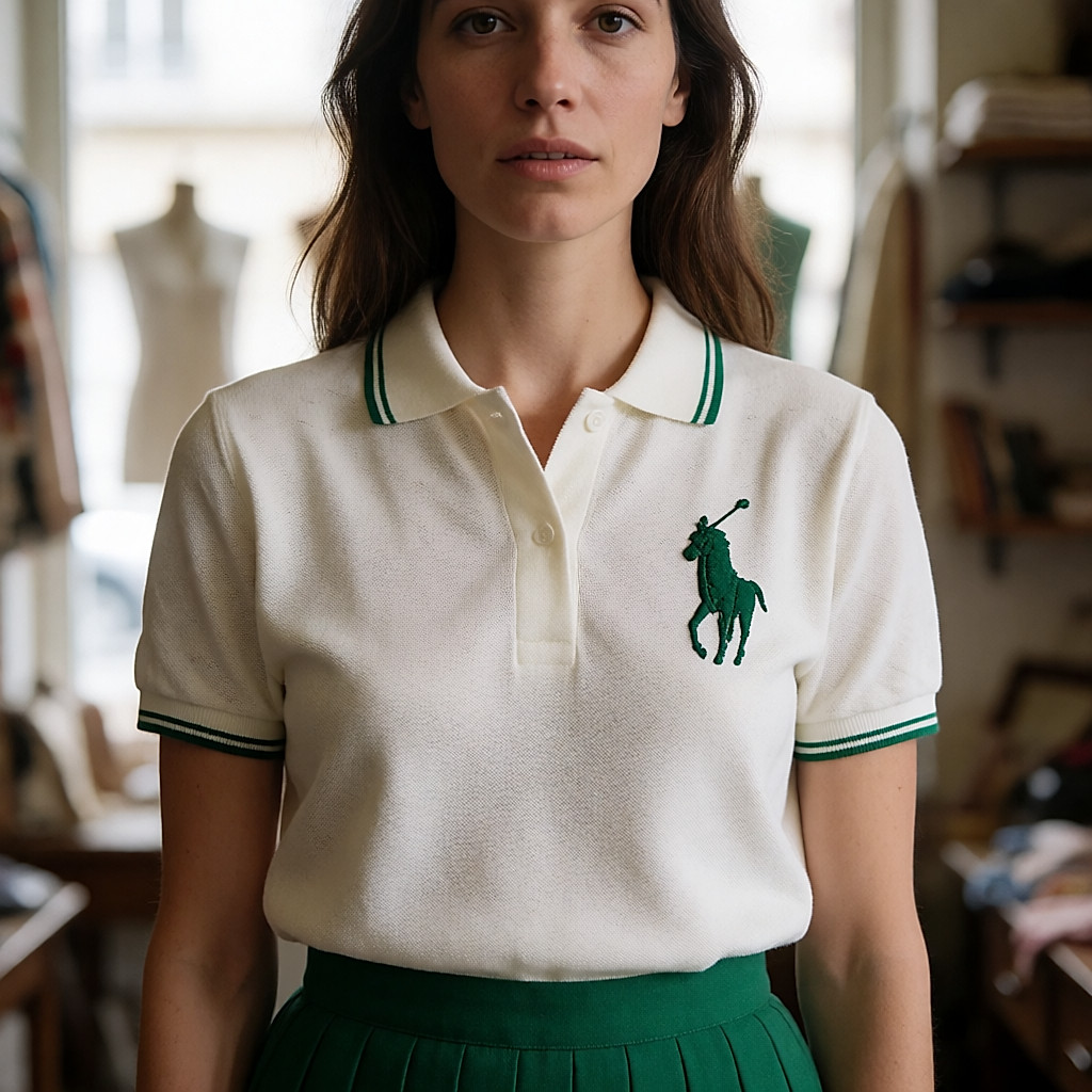 White piqué polo folded, ribbed collar and embroidered green crocodile clearly visible, in a charity shop