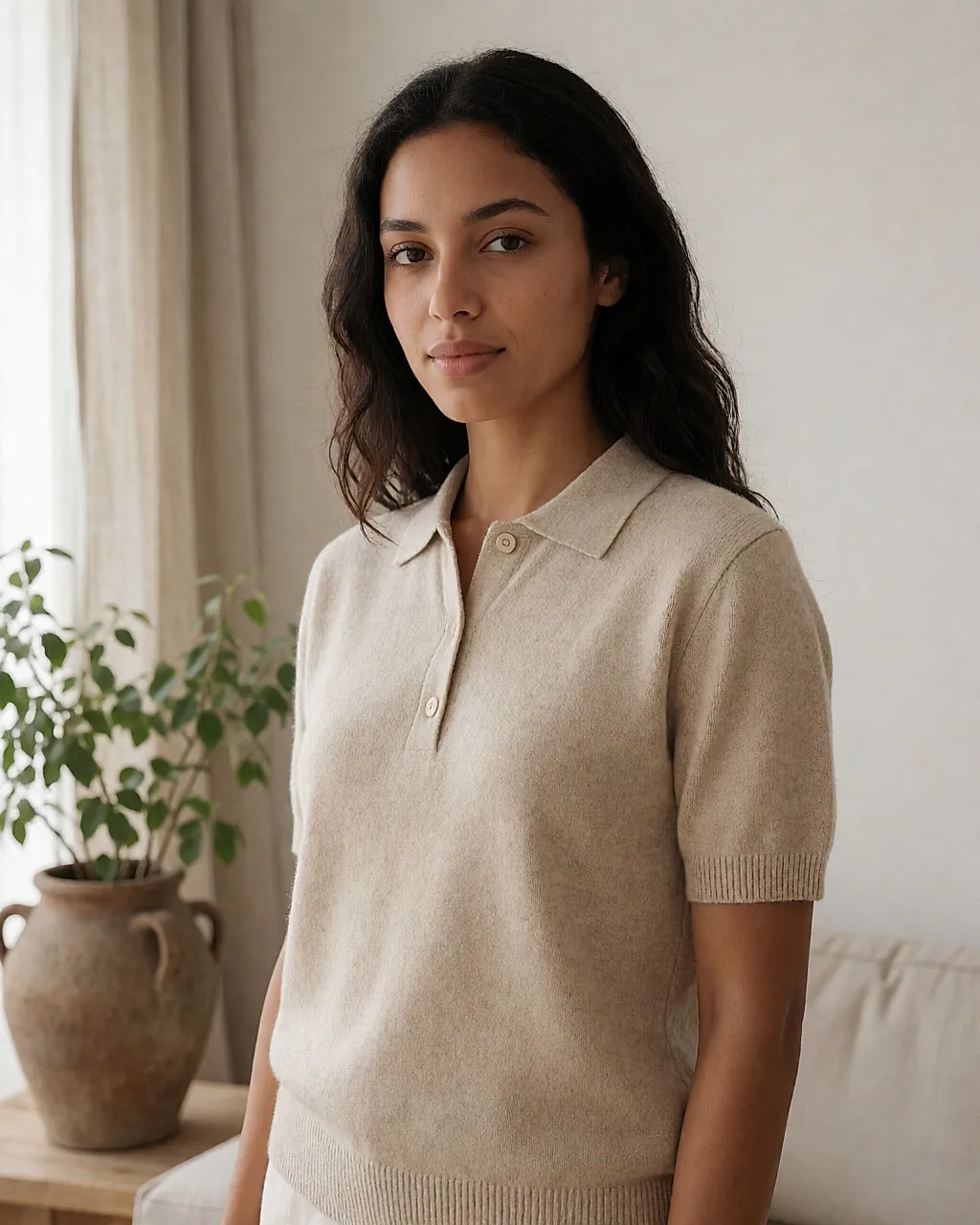 Young woman in an ecru organic cotton polo in a bright living room, linen curtain