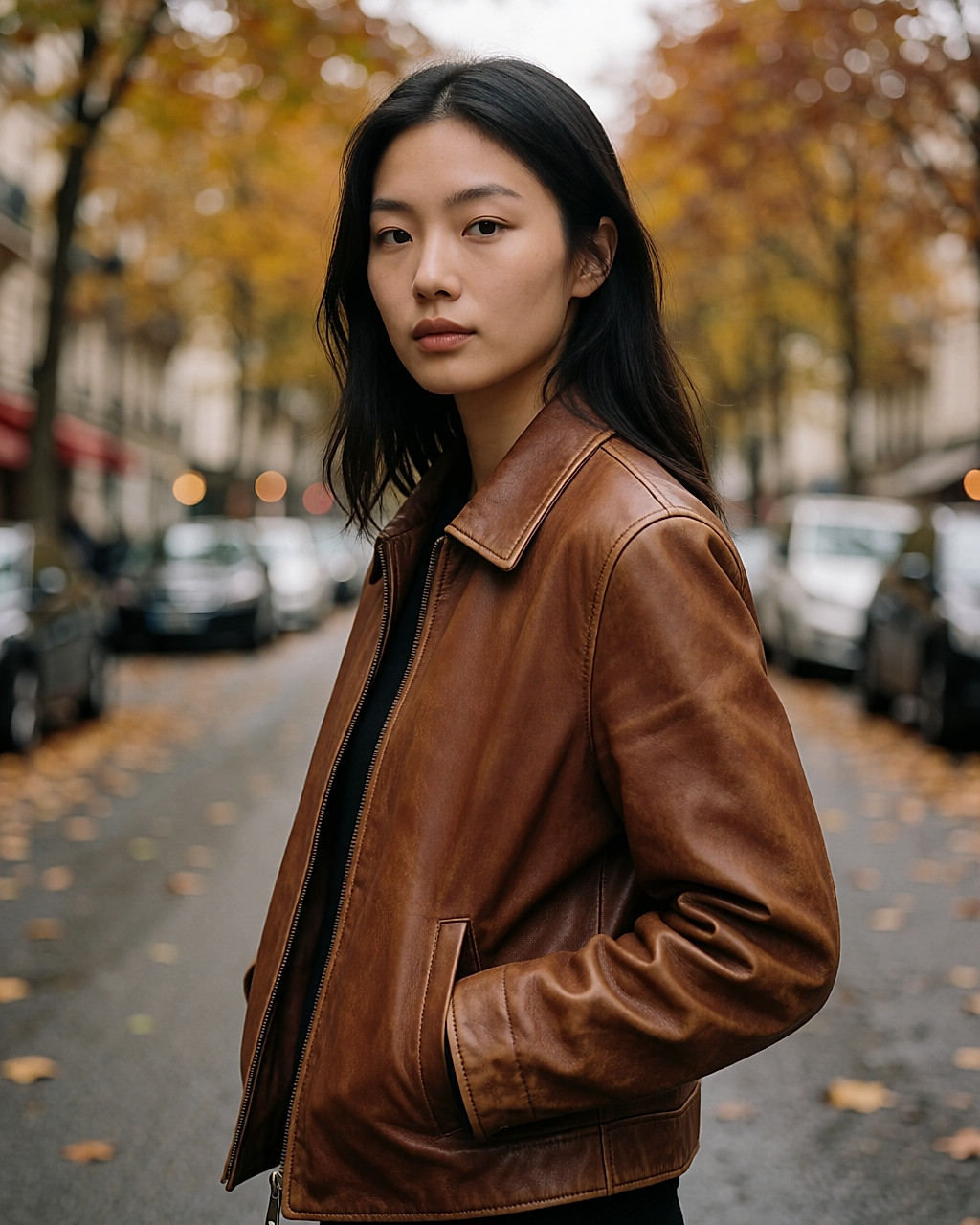 Jeune femme en veste de cuir patinée, mains dans les poches, rue d'automne