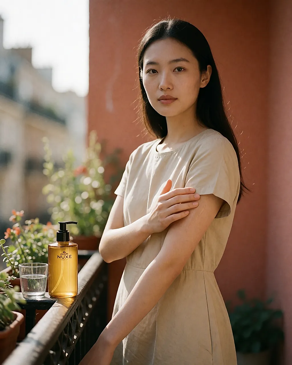 Woman applying a Nuxe Prodigieux scented body lotion to her arm