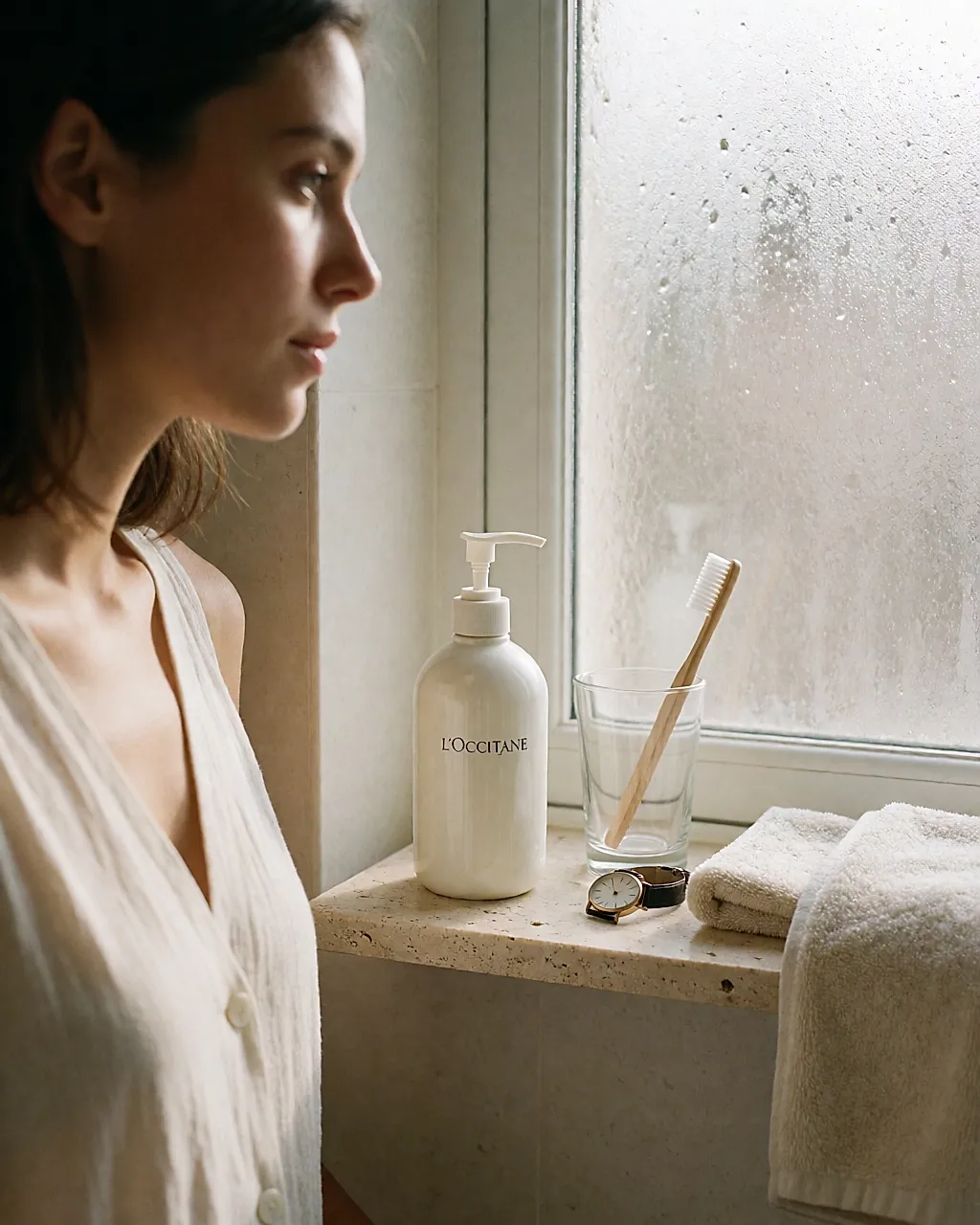 L'Occitane body lotion on a bathroom shelf, in the morning