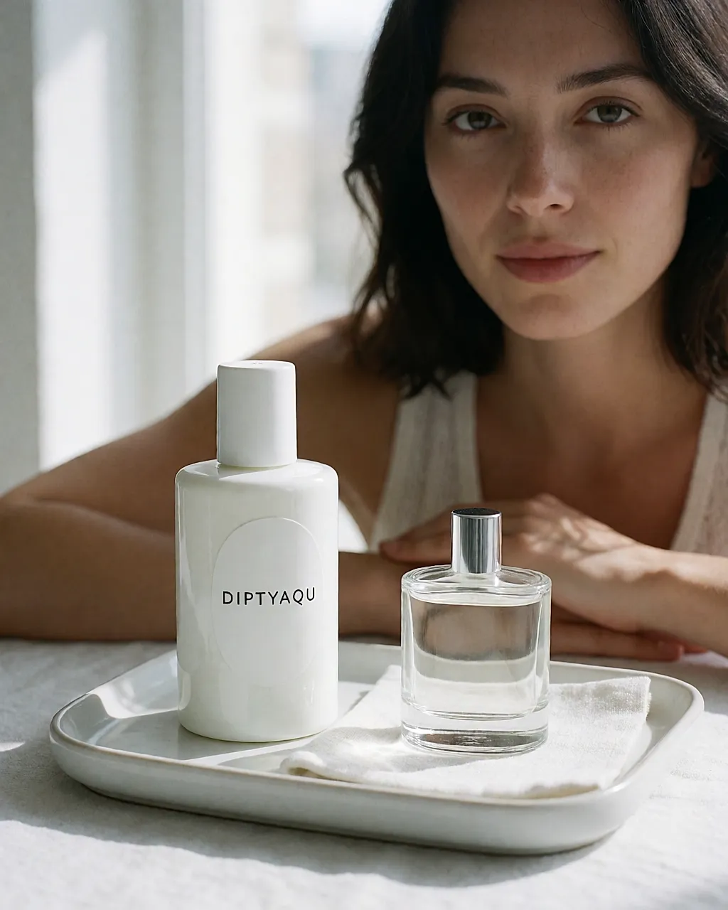 Diptyque body lotion and its fragrance mist on a tray