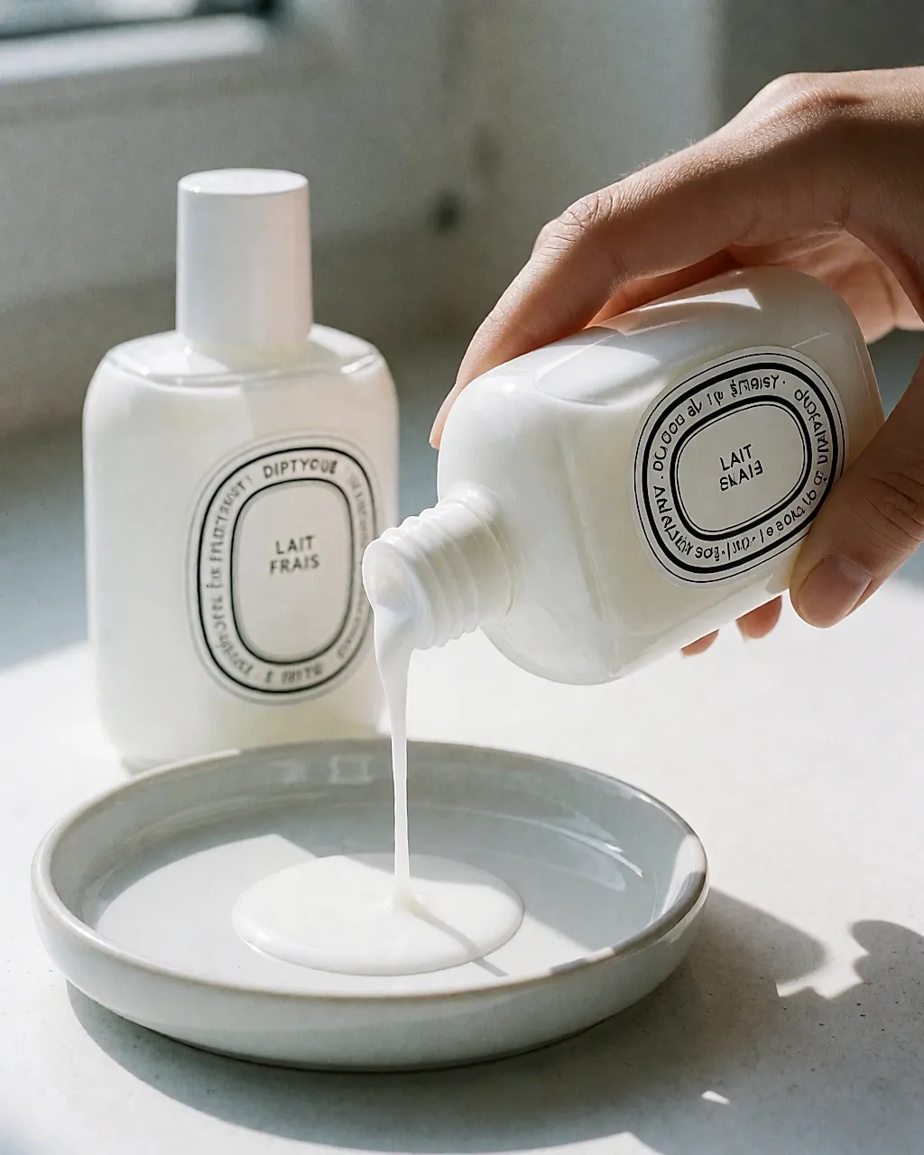 Diptyque Fresh Lotion for the Body poured into a ceramic dish