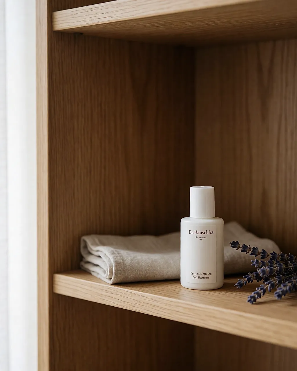 Small bottle of Dr. Hauschka body lotion on an oak shelf