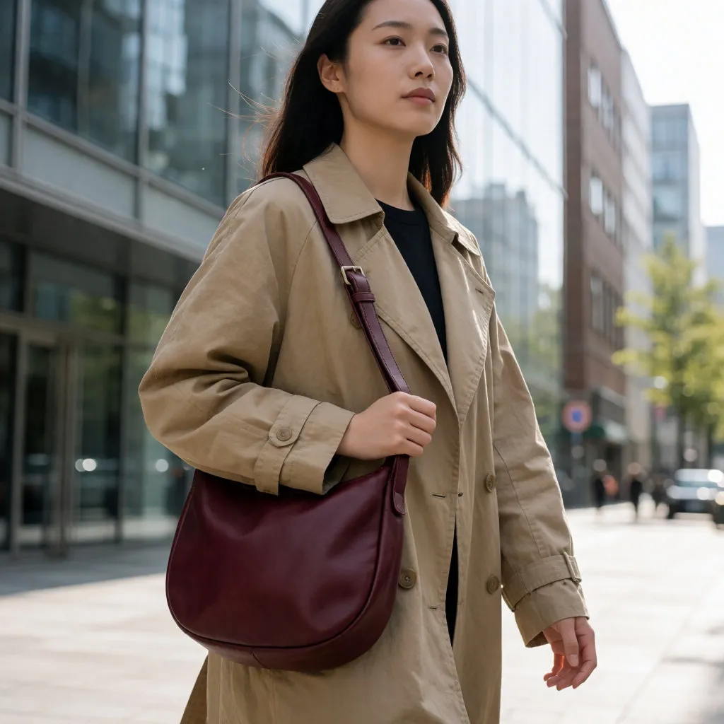 Joven asiática caminando por la ciudad con un bolso bandolera de piel flexible cruzado