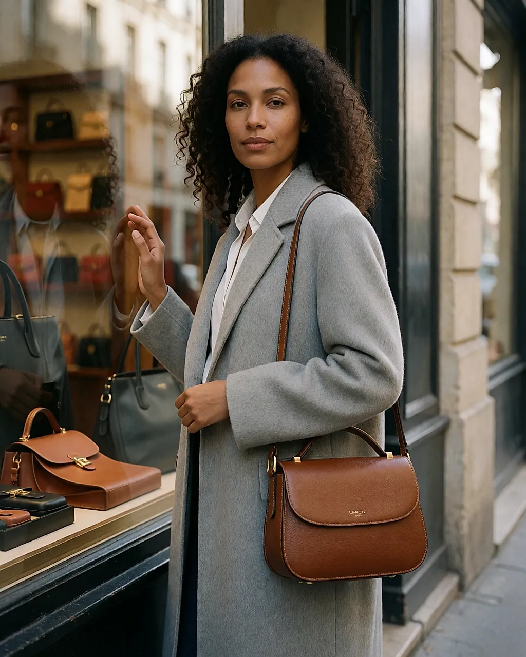 Un bolso de mano Lancel en piel granulada marrón, delante de una tienda parisina