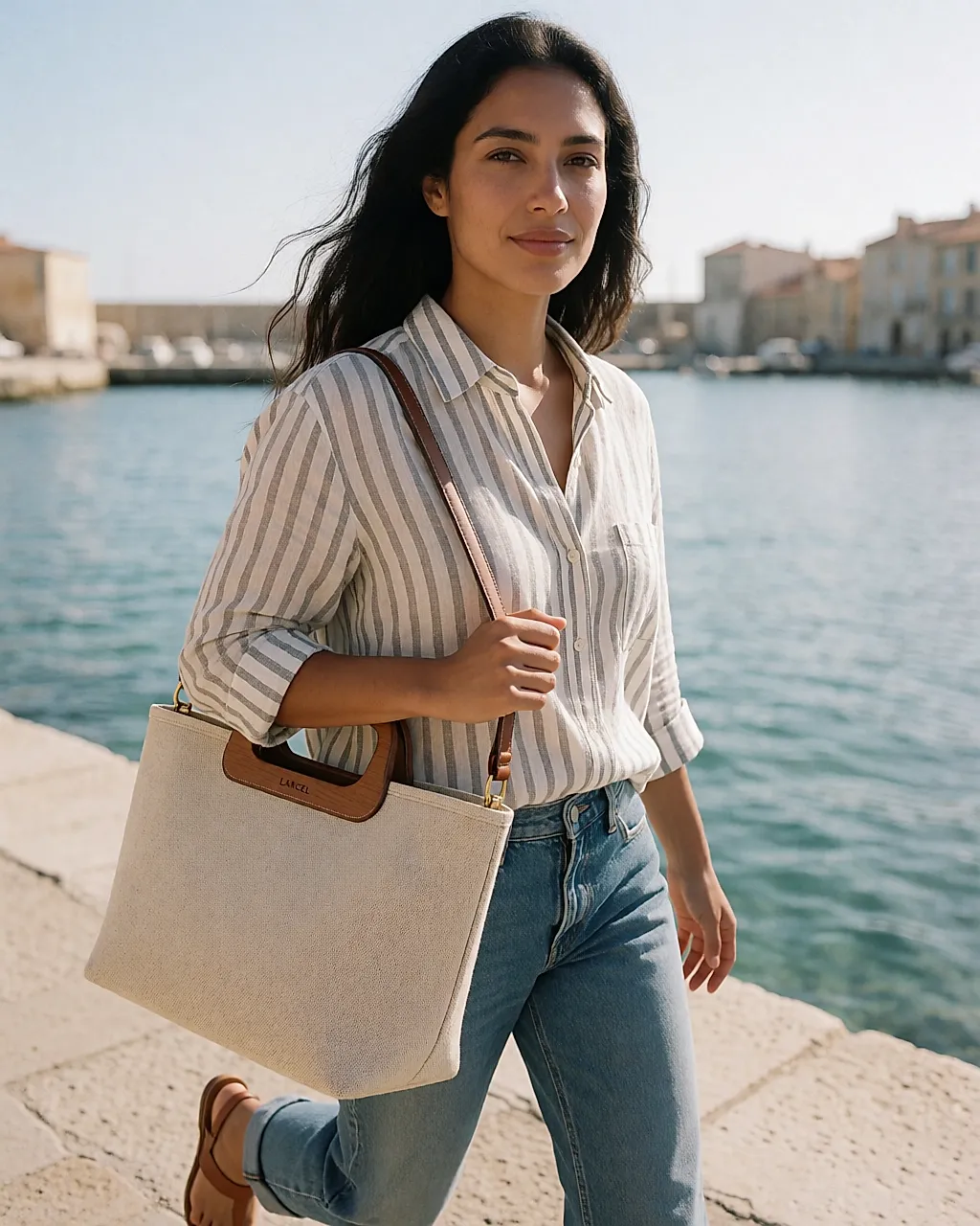 Un capazo Lancel de lona y madera llevado al hombro en un muelle soleado
