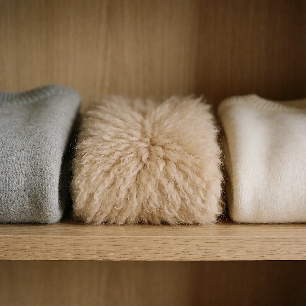 Três malhas dobradas lado a lado: merino fino, alpaca fofa, caxemira macia