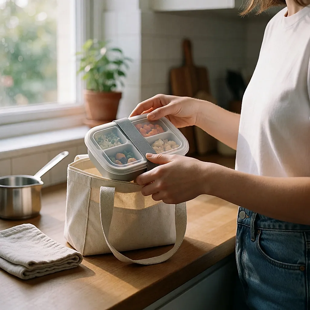 Une boîte bento fermée glissée dans un sac repas sur un plan de travail, au matin