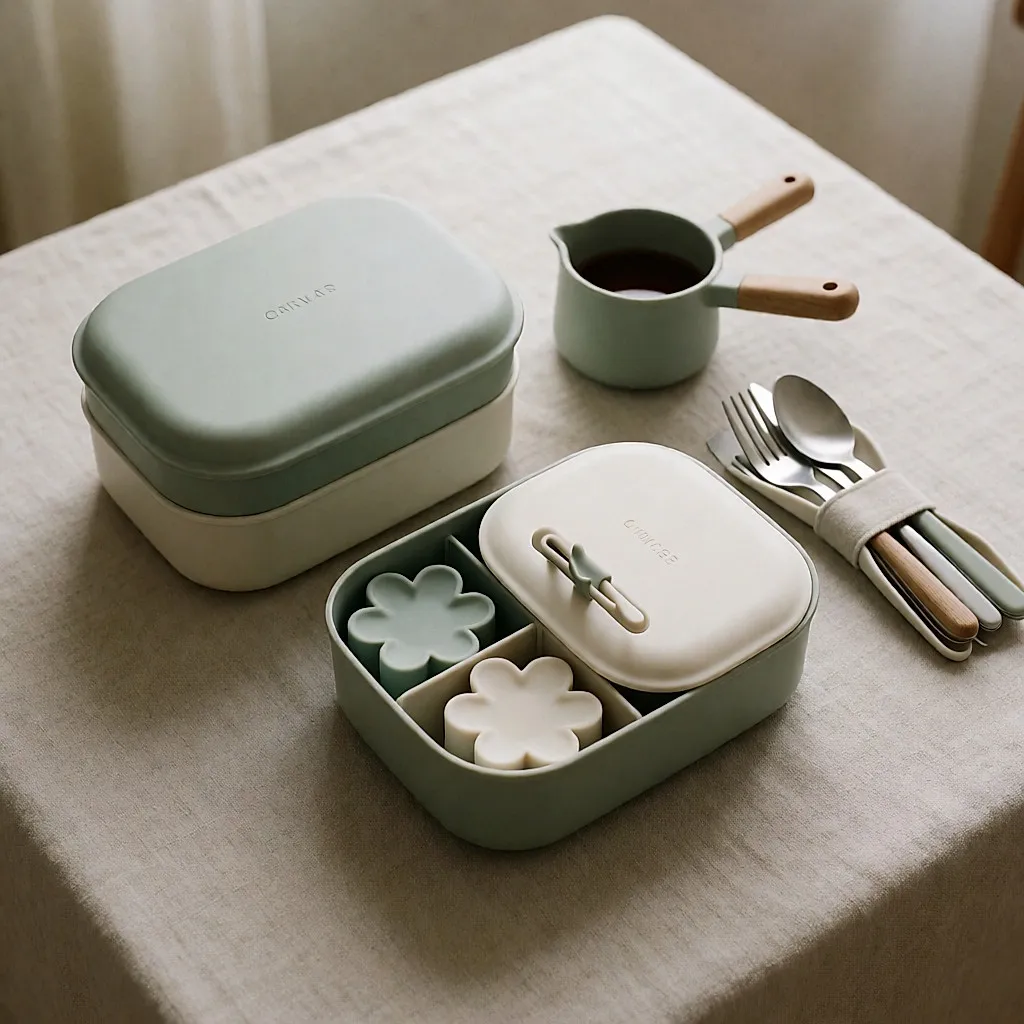 Boîte bento à deux étages, couvercles colorés, petits pots à sauces et accessoires