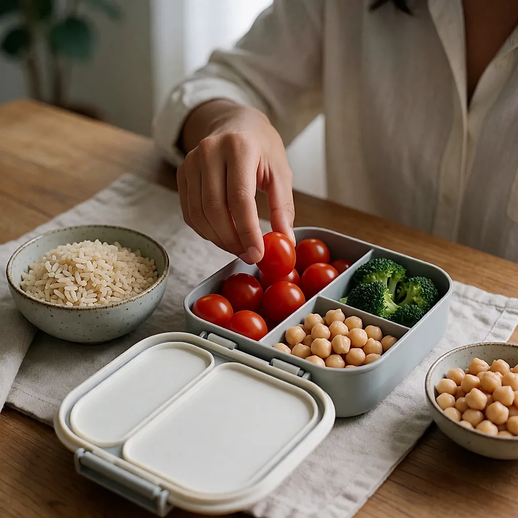 Une main remplit de tomates cerises le compartiment légumes d'une boîte bento ouverte