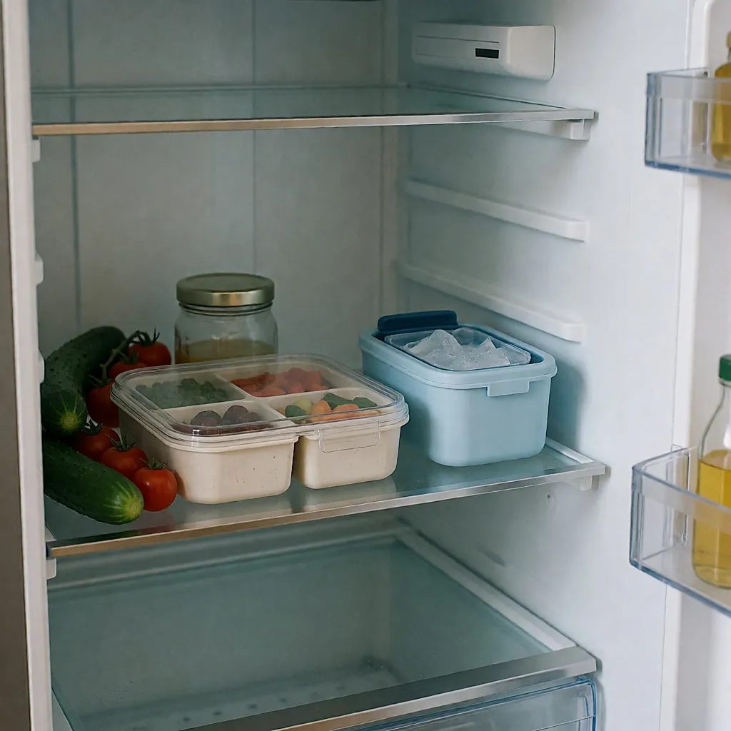 Boîte bento fermée et pain de glace sur une étagère de réfrigérateur