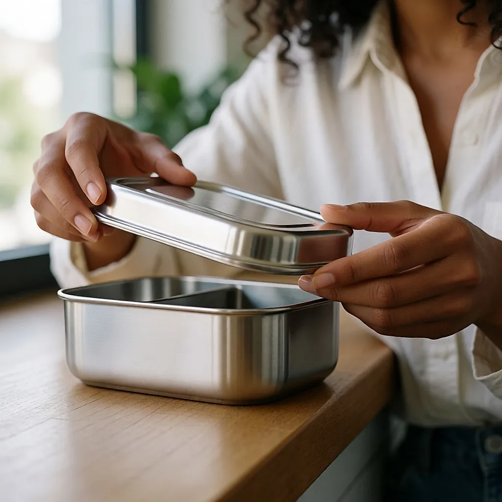 Mains détachant le joint en silicone du couvercle d'une boîte bento en inox