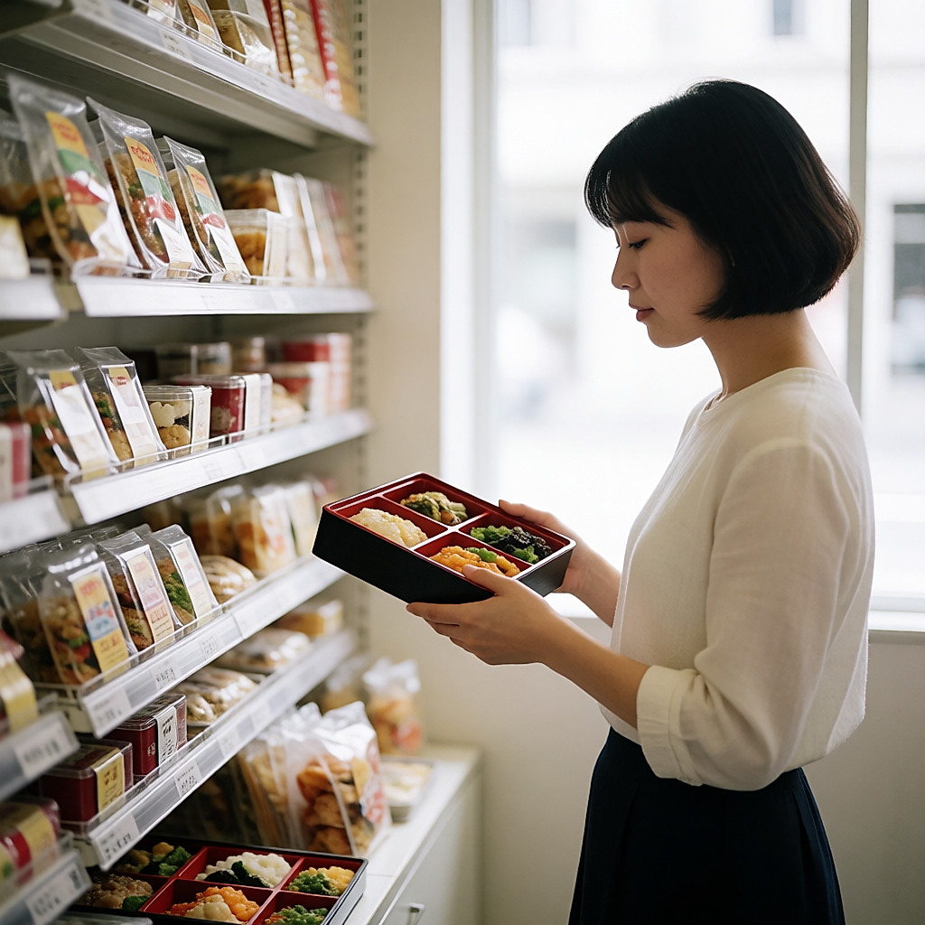 一位女性在商店货架前拿着分格便当盒