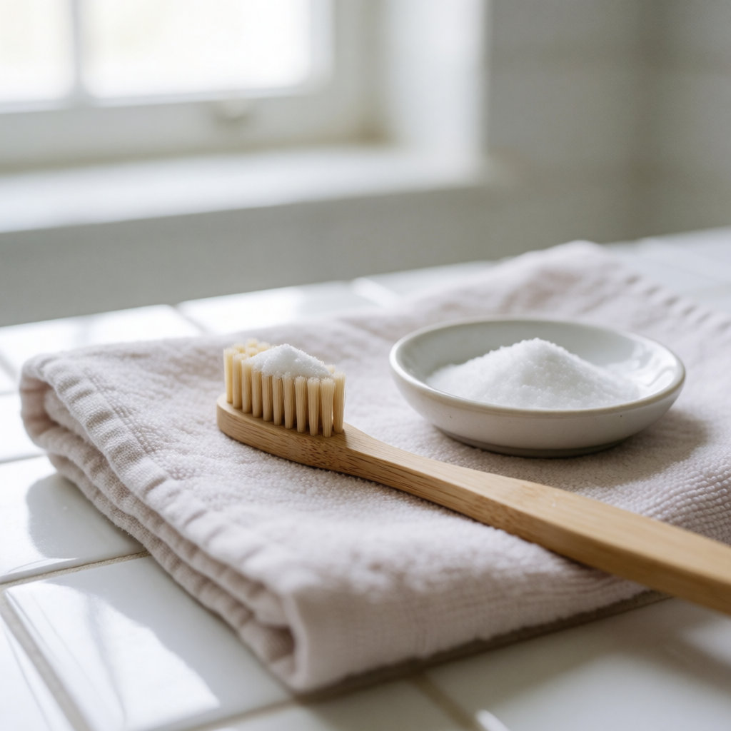 Brosse à dents en bambou humide saupoudrée d'une pincée de bicarbonate, posée sur une serviette en lin clair