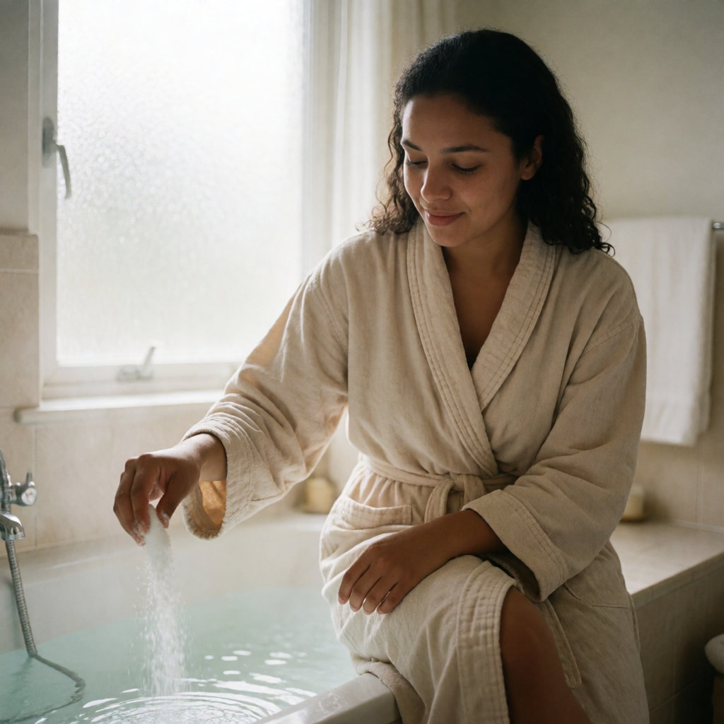 Jeune femme métissée en peignoir versant une poignée de bicarbonate dans l'eau de son bain