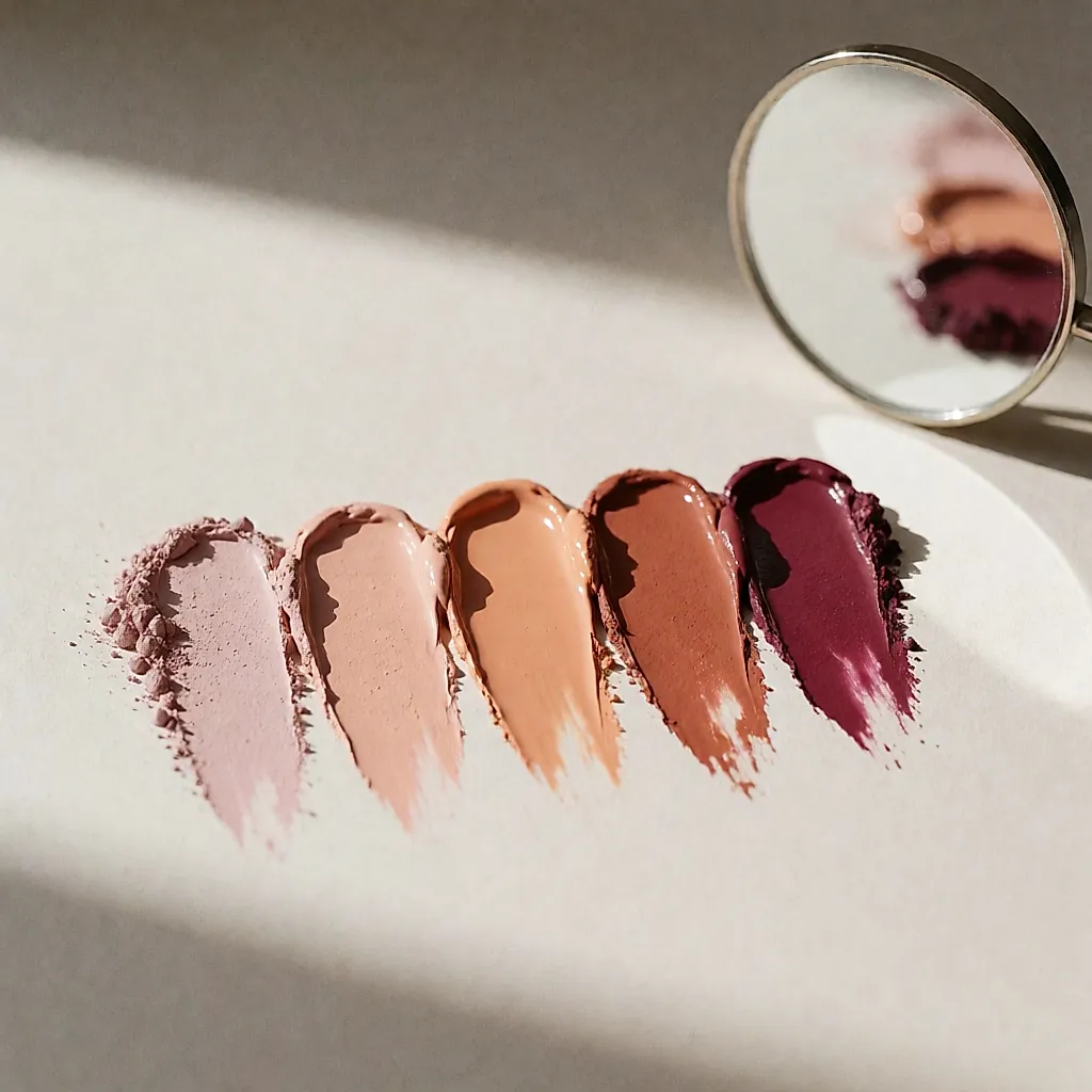Cinq teintes de blush étalées côte à côte, du rose froid au berry profond, pour comparer les pigments