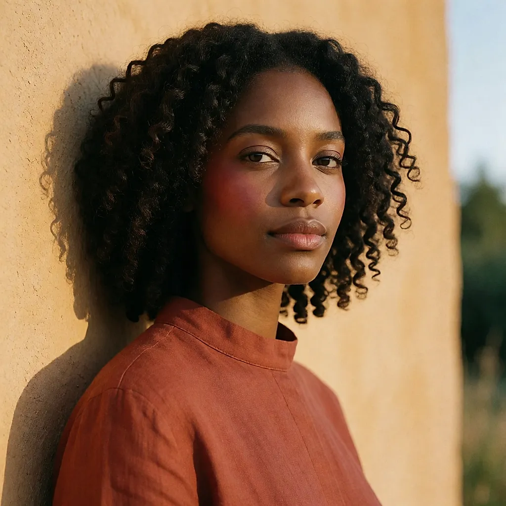 Un blush berry saturé sur une peau profonde, en lumière dorée de fin de journée
