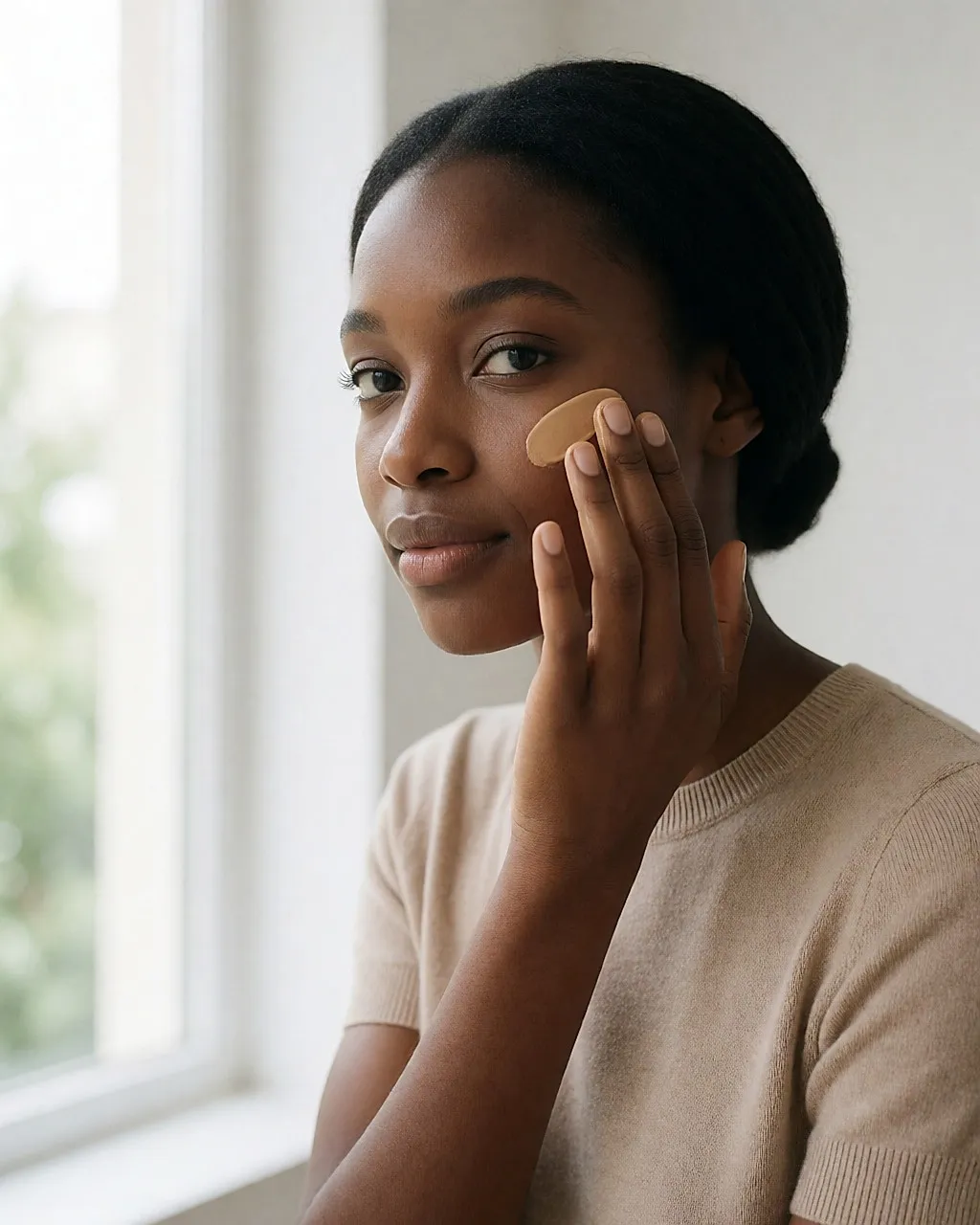 A young woman applies BB cream with her fingertips to her cheek, by a window