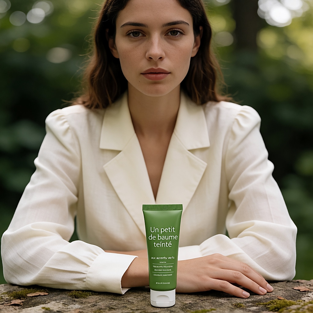 A small tube of tinted balm with green accents, resting on a natural surface