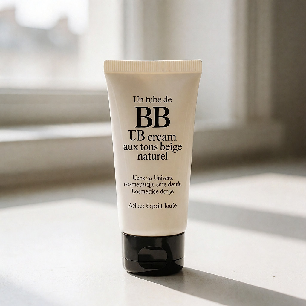 A tube of BB cream in natural beige tones, in a soft cosmetics setting