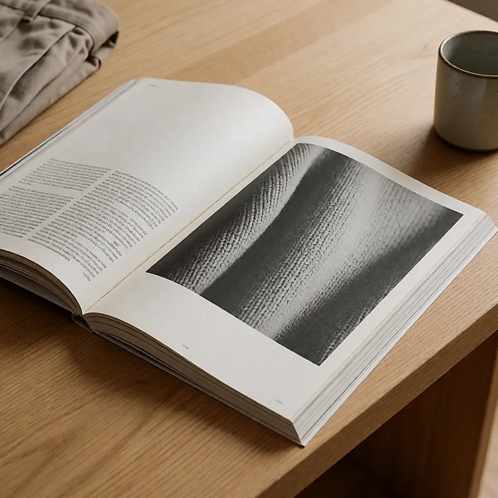 Double page d'un magazine de marque ouvert sur une table en chêne, papier épais et colonnes de texte