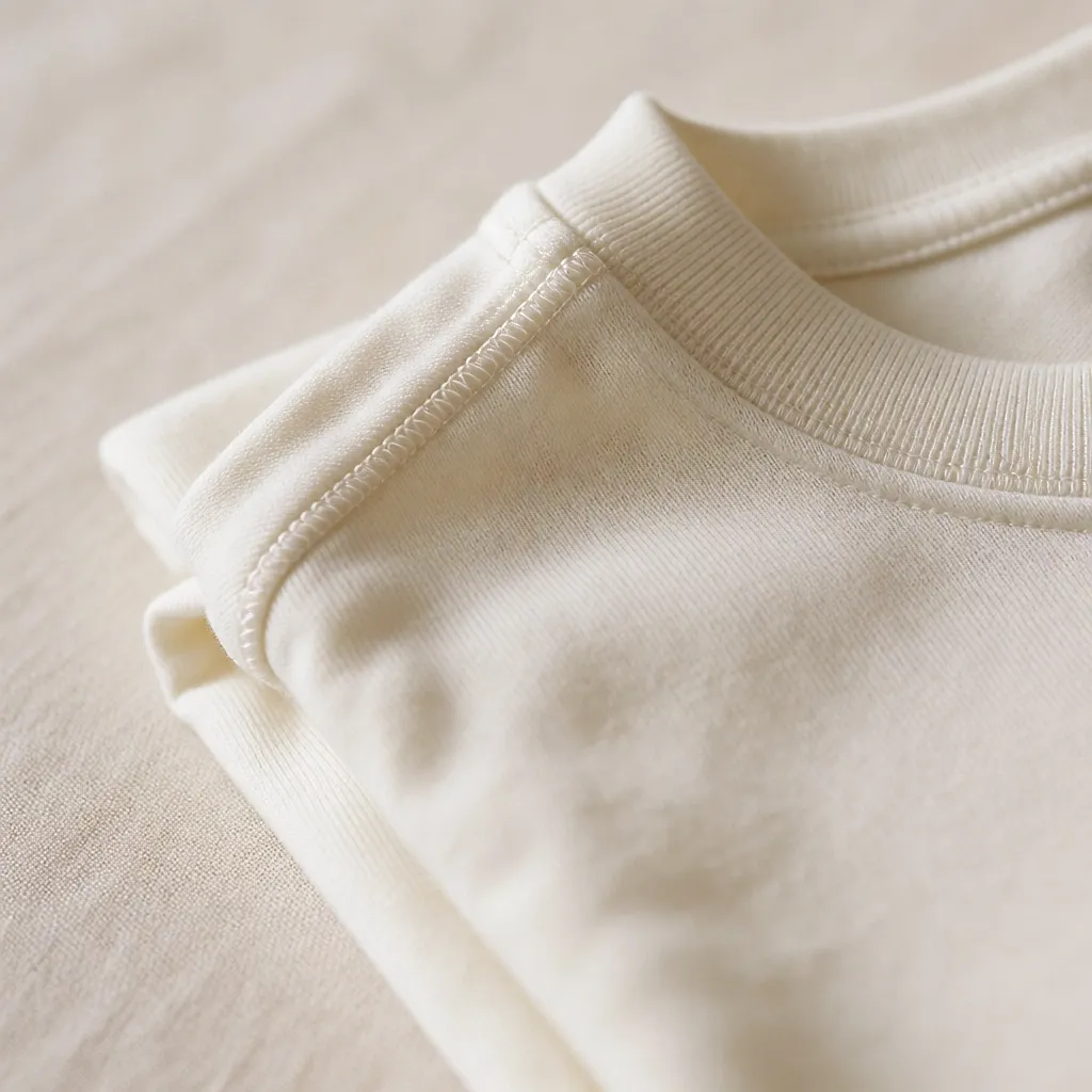 Gros plan sur la maille d'un tee-shirt en coton et sa couture d'épaule double
