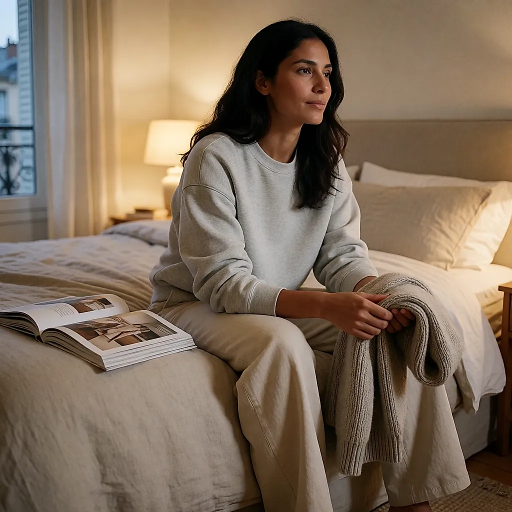 Une femme assise au bord d'un lit, un magazine épais ouvert à côté d'un vêtement plié
