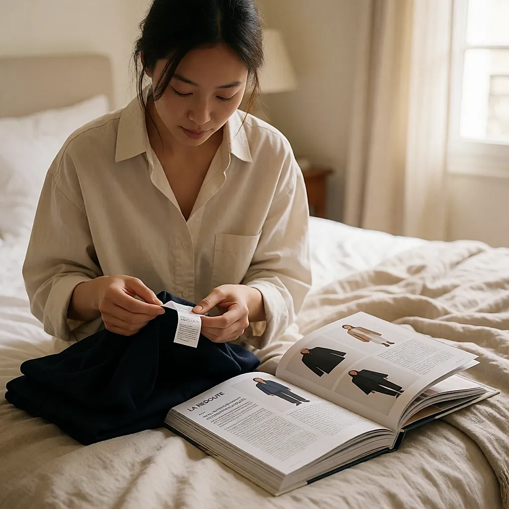 一位女性坐在床边,旁边摊着一本厚杂志和一件叠好的衣服