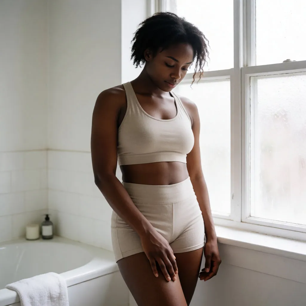 Mujer joven negra en un baño luminoso, con una mano apoyada en el muslo y la piel al natural