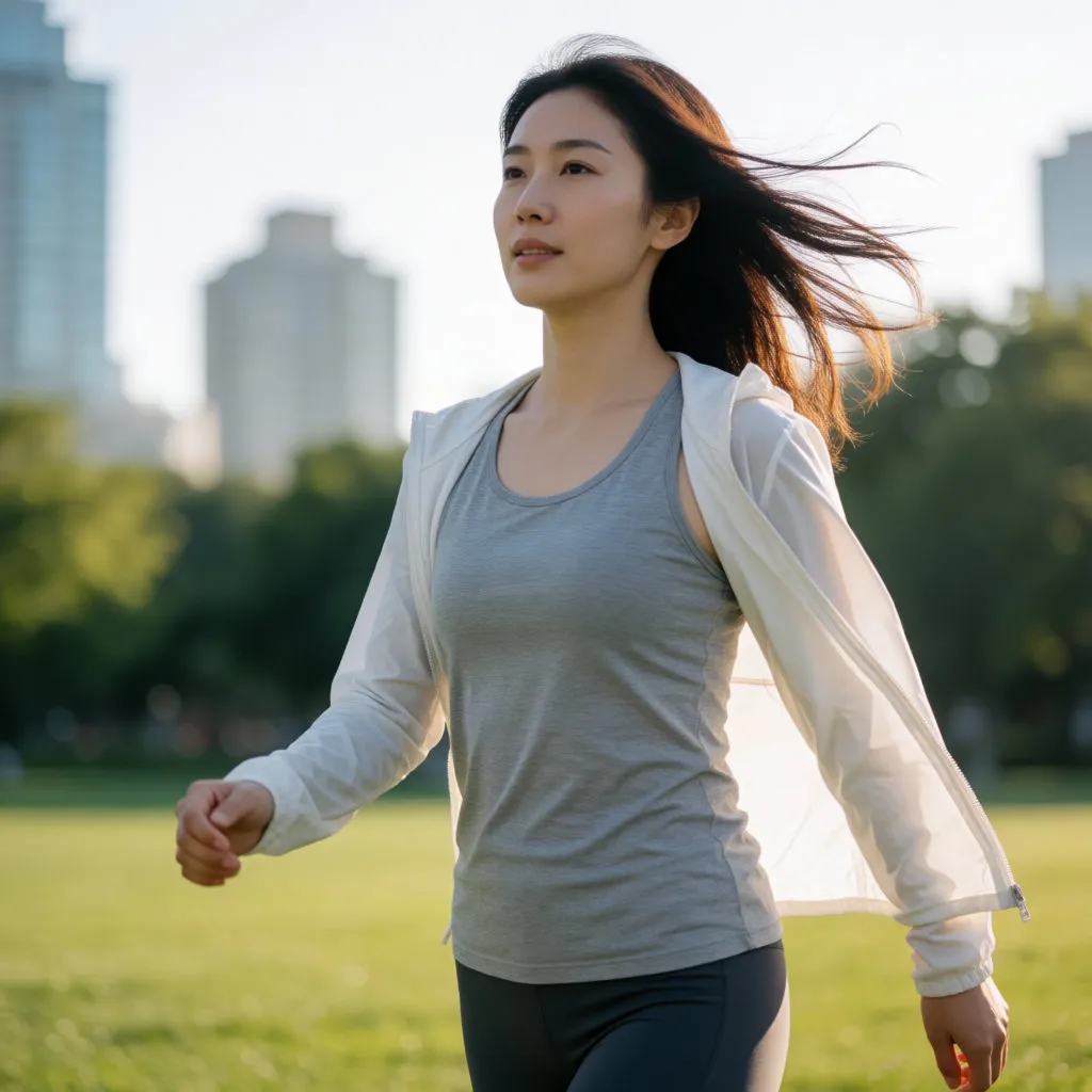 Mujer joven asiática con ropa deportiva caminando por un parque luminoso al amanecer