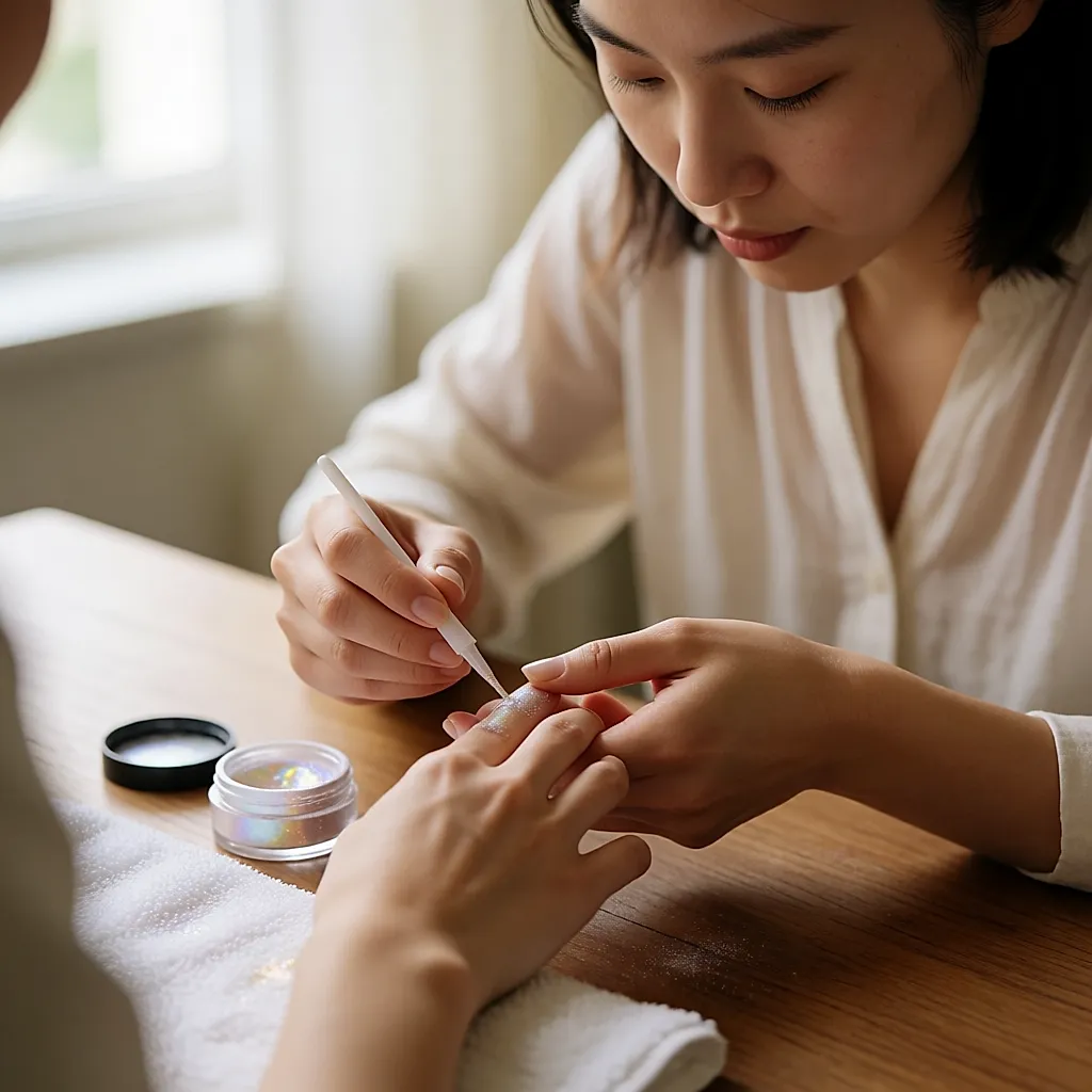 Poudre de chrome tapotée à l'applicateur sur un ongle en gel encore collant