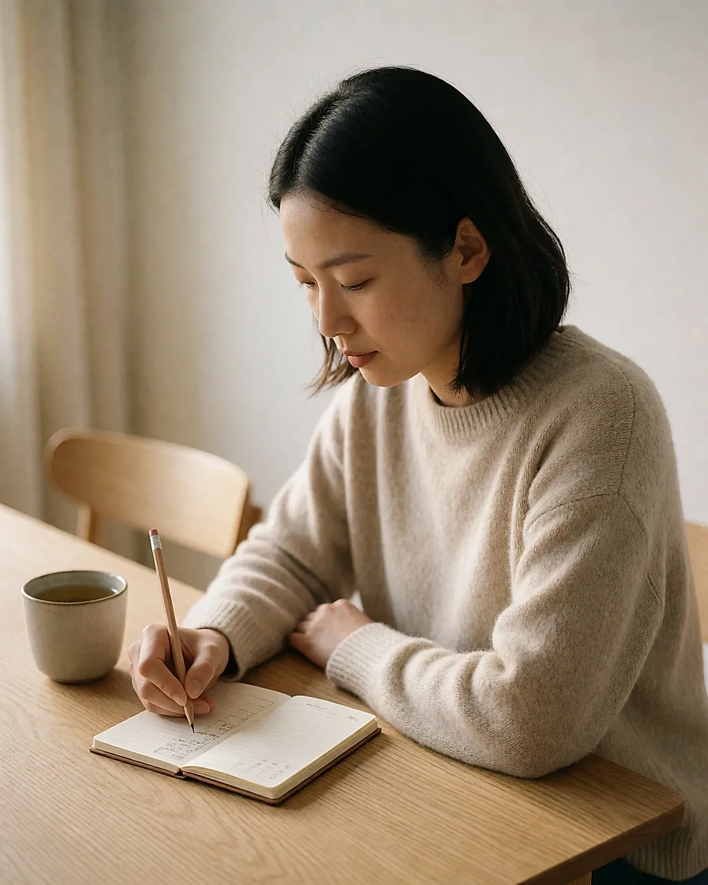 Junge asiatische Frau, die ihre Zyklustermine in ein kleines Heft notiert, an einem Tisch am Fenster