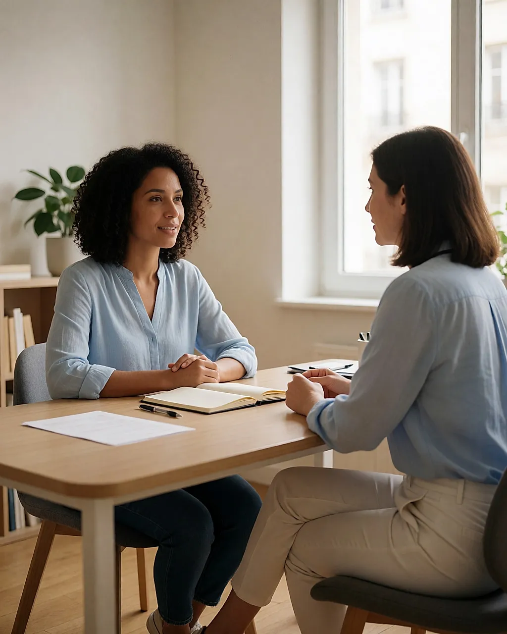 Zwei Frauen in einem hellen Behandlungszimmer im Gespräch, geöffnete Akte und Stift auf dem Schreibtisch