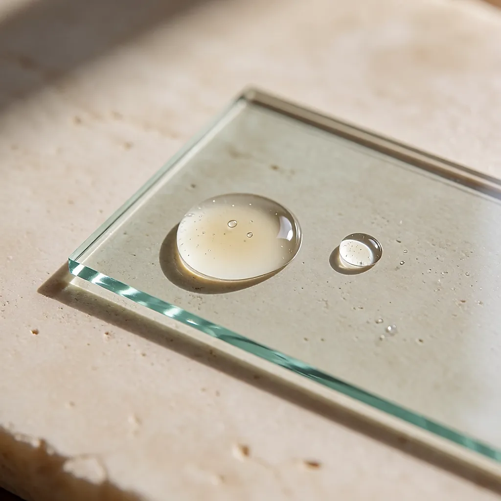 Une goutte épaisse de gel de collagène sur une plaque de verre, à côté d’une goutte plus fine